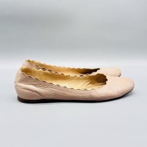 Chloe Shoes Womens 7 Beige Leather Lauren Scalloped Ballet Flats Comfort Italy